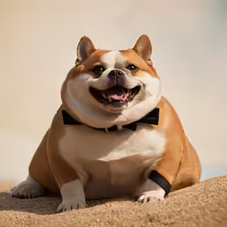 a dog sitting on the sand wearing a bow tie