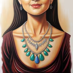 a woman in brown dress and blue necklace with green stones,a drawing of a woman wearing jewelry on her chest,a painting of a woman wearing a necklace,a painting of a woman with a large necklace and earrings,painting of a woman with long black hair