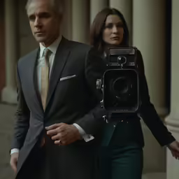 a man and woman walking with a camera