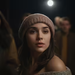 a beautiful woman standing under a light while wearing a hat