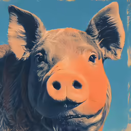 a brown pig is shown in the frame with blue background