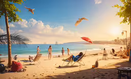 there is a beach with many people relaxing,a beach scene with people standing and laying in the sun