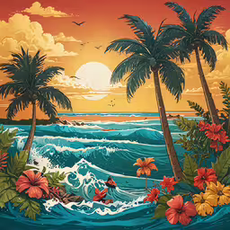 this tropical landscape shows two palm trees and waves,a painting of a surfer on the ocean near palm trees