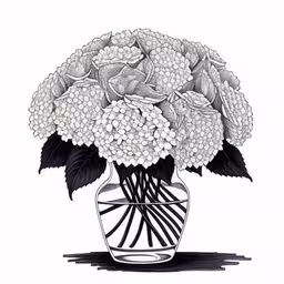 a drawing of flowers in a vase with leaves,a black and white drawing of flowers inside of a vase