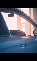 a rear view mirror on a blue car
