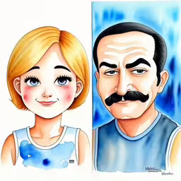 a couple is shown next to each other in colored pencils,a drawing shows a man with a mustache next to a woman,an image of a family portrait with faces painted to look like people,a couple wearing similar glasses for a caricature,a drawing of a couple with faces and hair