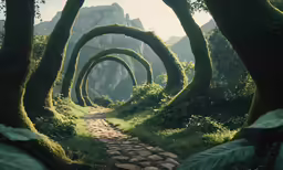 a pathway leading through trees into the mountains