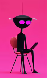 a black man sitting on a chair in front of a pink background