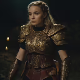 a woman in costume looks to her left