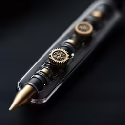a pen and a watch face on a black surface
