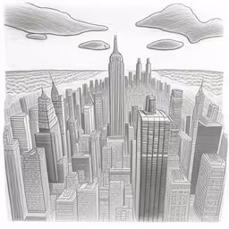 a drawing of skyscrapers and a city, as well as some clouds in the sky,the skyline is drawing with a large pencil