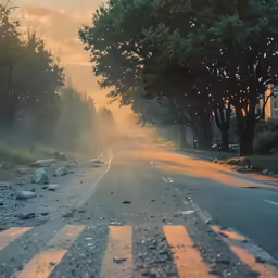 a street that has rocks on the side and trees along it