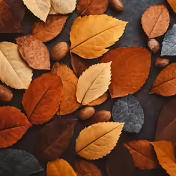 autumn leaves on top of a table with nuts