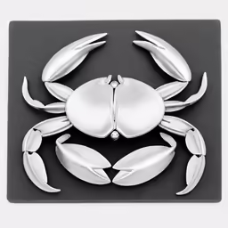 an abstract metal crab with two small leaves on the front