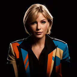 a blonde female with blue eyes is wearing a colorful jacket
