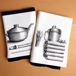 two tea towels with some cups on them