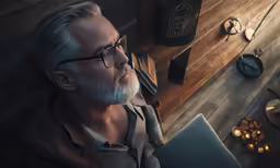 an elderly man in glasses is staring at the camera