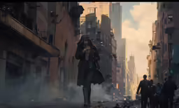 a woman stands alone in a city surrounded by buildings and rubble