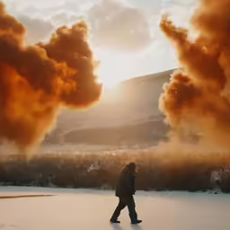 a person is walking in the snow as red smoke stacks into the sky