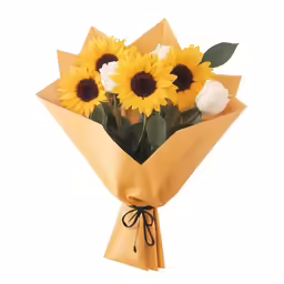 a bunch of sunflowers tied in a paper bag