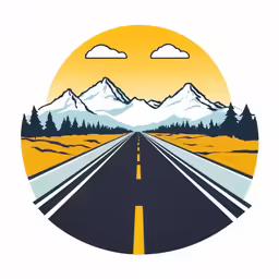 an illustration with a road going through a countryside under mountains