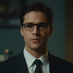 a man wearing glasses wearing a suit and tie