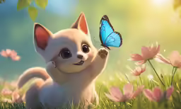 a kitten that is holding a butterfly in her hand