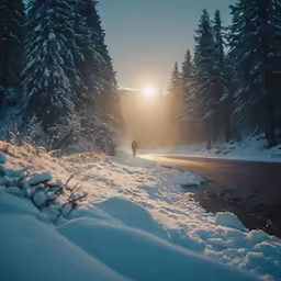 a person walking along a snowy path into the sun