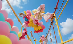 a bunch of balloons and flowers on a pole