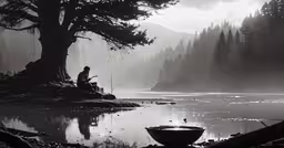 the person is fishing near the water in black and white,a man standing by the water while fishing in a lake