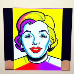 there is an image of a woman that has pink hair,a pop art picture hanging on a wall,a picture of a painting on wood with a woman