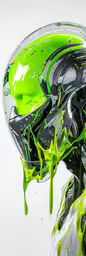green and black swirl paint pouring out of the top of a helmet,green and white art with a splash of paint on the top