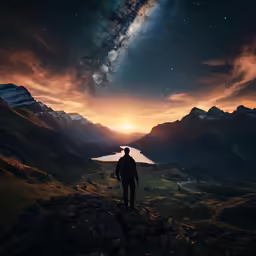 man standing in the mountains with a bright star filled sky