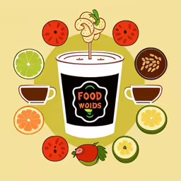 the different foods on the table have been displayed,a black coffee drink surrounded by fresh fruits,a cup with strawberries, lemons and various beverages,food that is in a cup on top of a table,an image of food related items on a background
