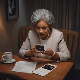 a woman sitting at a table with papers, phone and paperwork