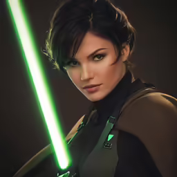the beautiful woman in a star wars outfit holds a green glowing light sword