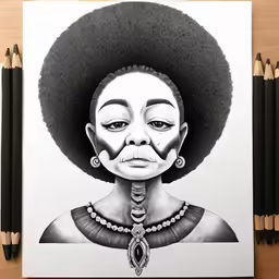 an art print with a black woman wearing a afro wig and a long necklace