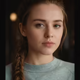 a woman wearing a gray top with her hair pulled back in a braid
