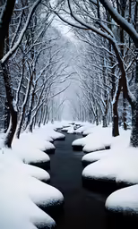 trees covered in snow next to a river with a stream running under it