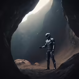 the space man is in the tunnel with mountains behind him