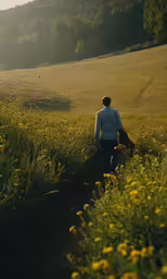 man walking down field with yellow flowers and trees