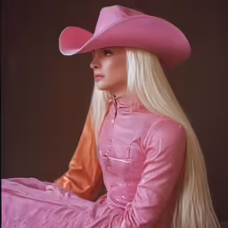 a woman in a pink dress and cowboy hat