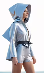 a woman in silver shorts with a hood