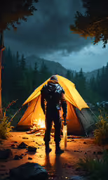 a man in protective gear standing next to a tent,a man standing next to a tent in the woods