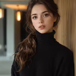 a young lady in a black sweater is posing for a picture