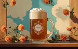 a frosty beer is in the mug on the table