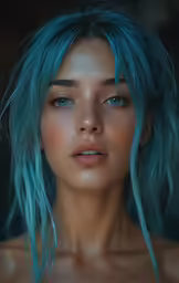 a woman with blue hair and nose piercings