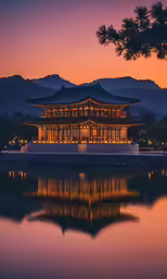 an oriental building reflecting in the water