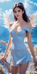 the image shows a pretty young woman with angel wings