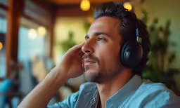 a man wearing headphones sitting in front of a window